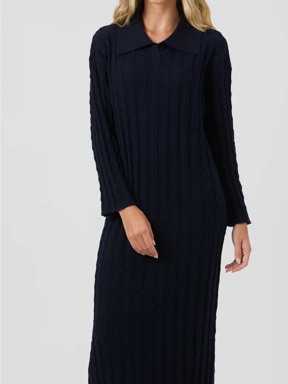Classic Navy Cable-Knit Long Sleeve Dress with Collar